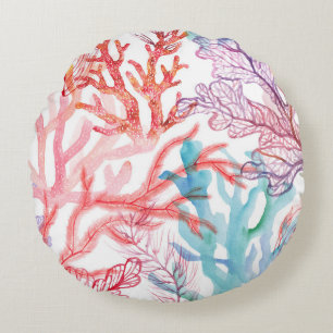 Aquarellkorallen: Unterwasser-Weltmuster. Rundes Kissen