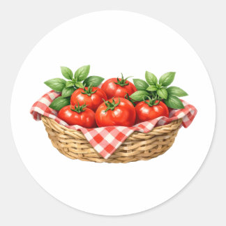 Aquarellkorb mit Tomaten und Basilikum Runder Aufkleber