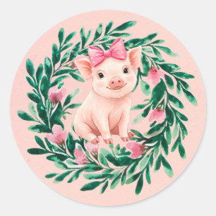 Aquarellkranz mit Baby Pig Girl Baby Dusche Runder Aufkleber
