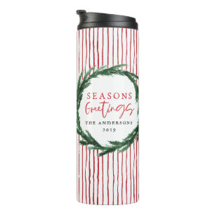 Aquarellkranz + Streifen Weihnachtsgeschenk Thermosbecher