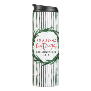 Aquarellkranz + Streifen Weihnachtsgeschenk Thermosbecher