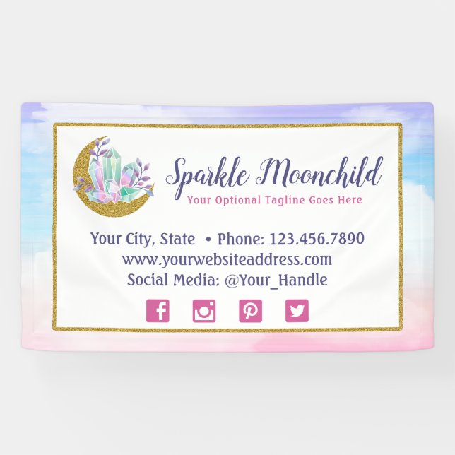 Aquarellkristalle und Gold Crescent Moon Boutique Banner (Horizontal)