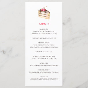 Aquarellkuchen oder Kuchen. Einfache Bäckereikaffe Menükarte