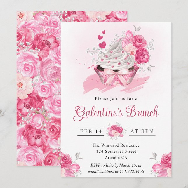 Aquarellkuchen und Blume Galentiner Brunch Einladung (Vorne/Hinten)