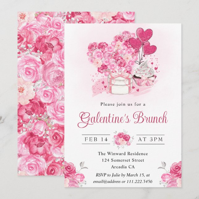 Aquarellkuchen und Geschenke Galentiner Brunch Einladung (Vorne/Hinten)