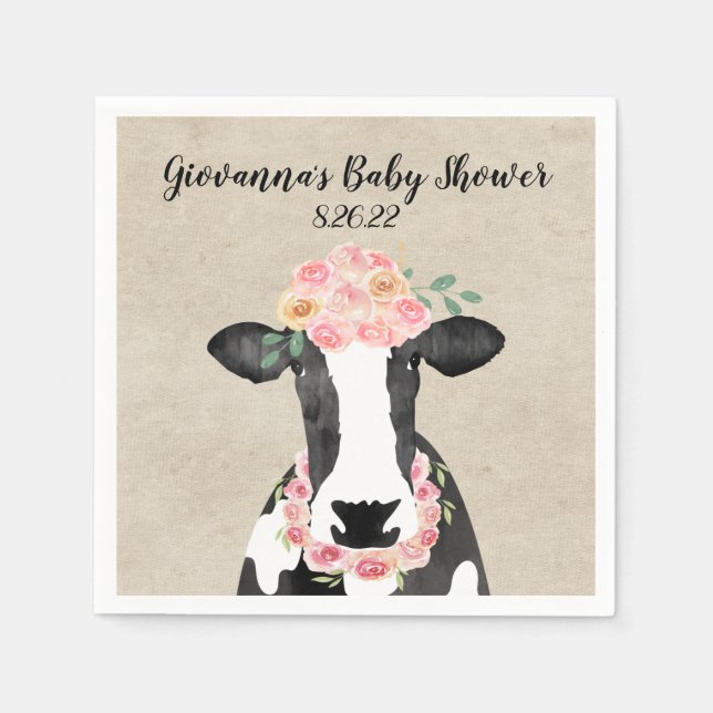 Aquarellkuh Blumenfarm Girl Babydusche Serviette (Vorderseite)