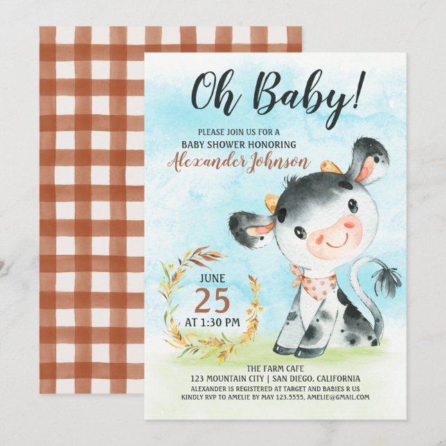 Aquarellkuh Kinderdusche Farm Einladung (Vorne/Hinten)