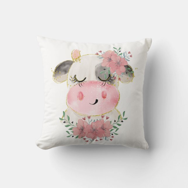 Aquarellkuh mit Florals-Kissen Kissen (Vorderseite)