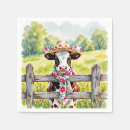 Aquarellkuh mit Sommerhut Serviette