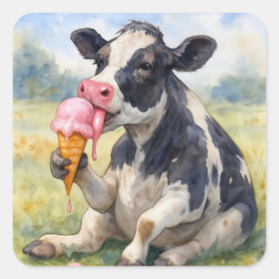Aquarellkühe an Eiscreme Quadratischer Aufkleber