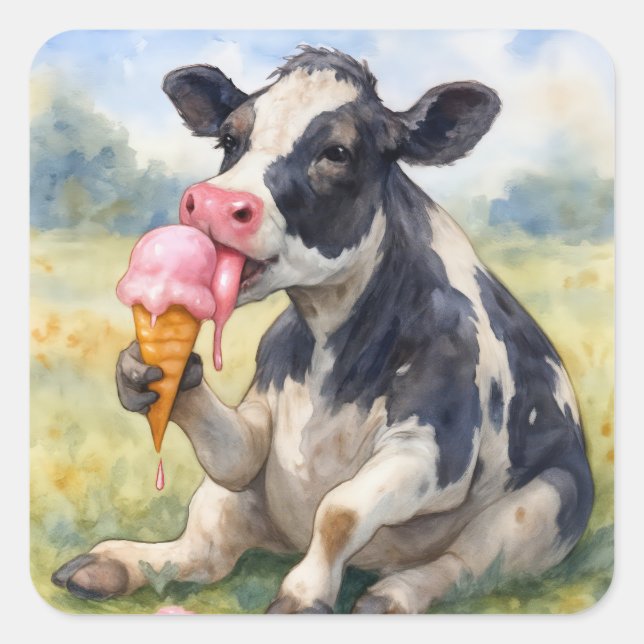 Aquarellkühe an Eiscreme Quadratischer Aufkleber (Vorderseite)