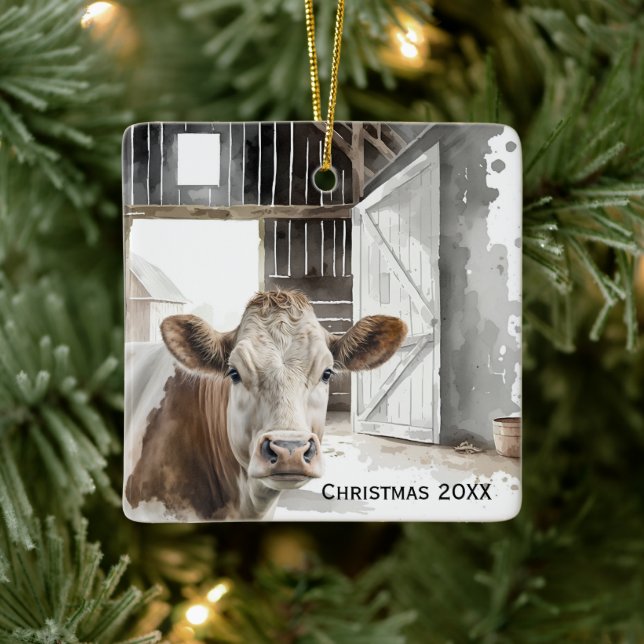 Aquarellkühe Hereford in Barn Keramikornament (Baum)
