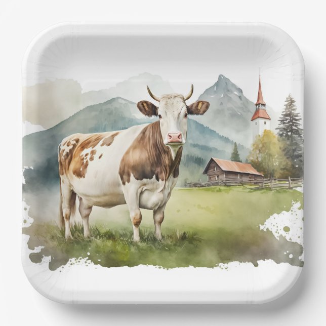 Aquarellkühe im Bergtal Pappteller (Vorderseite)