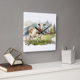 Aquarellkühe im Bergtal Quadratische Wanduhr