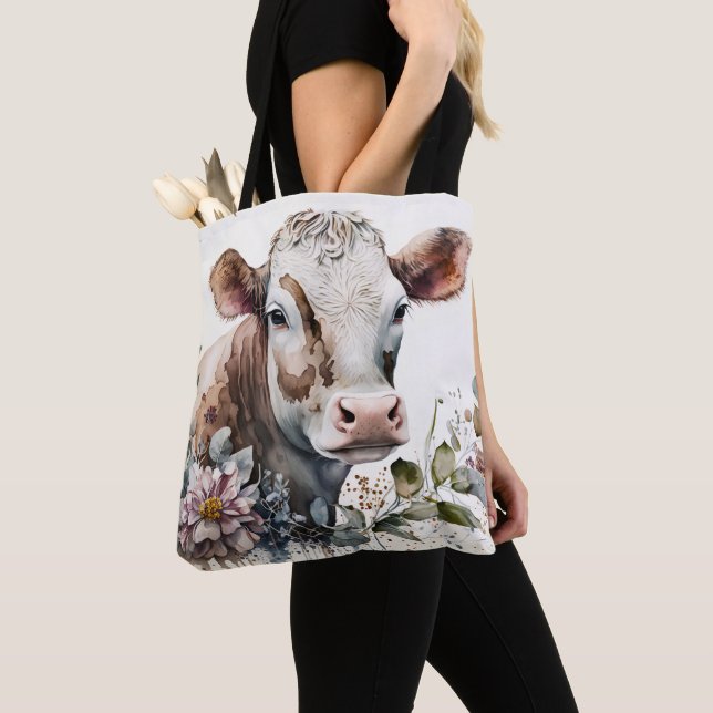 Aquarellkühe in Wildblumen Tasche (Von Nahem)