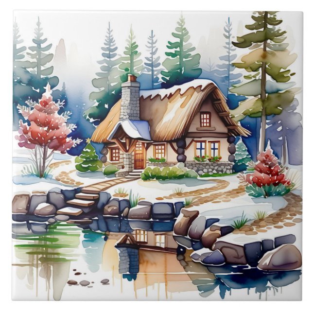 Aquarellkunst einer Hütte im Wald Fliese (Vorderseite)