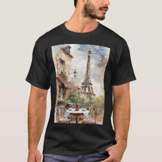 Aquarellkunst eines charmanten Pariser Cafés mit E T-Shirt