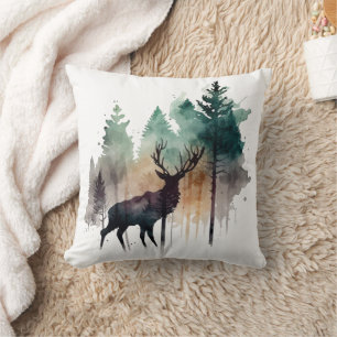 Aquarellkunst Hirsch im Wald Bäume Natur Kissen