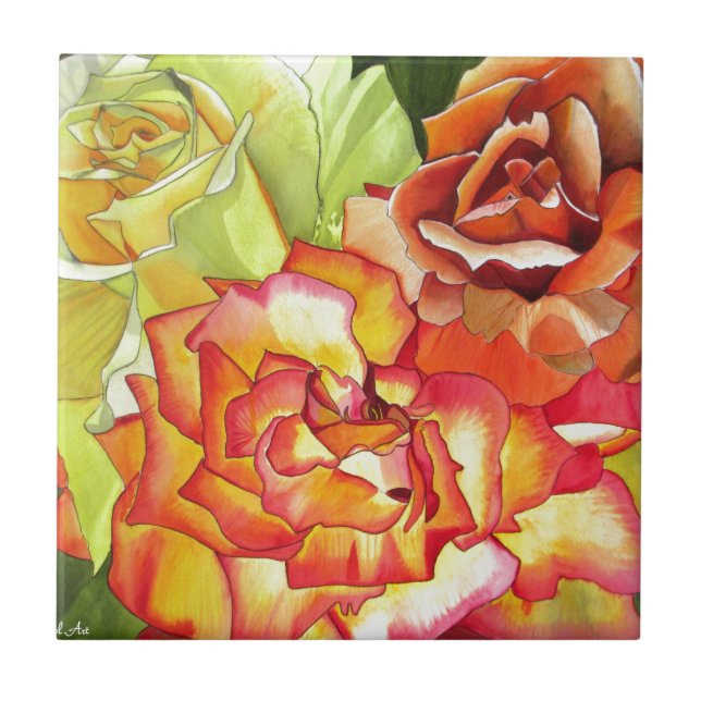 Aquarellkunst in Orangen- und Gelbrosen Fliese (Vorderseite)