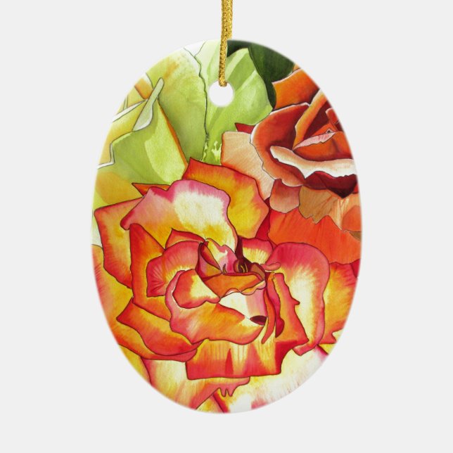 Aquarellkunst in Orangen- und Gelbrosen Keramikornament (Vorne)
