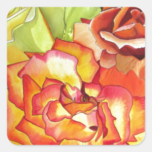 Aquarellkunst in Orangen- und Gelbrosen Quadratischer Aufkleber
