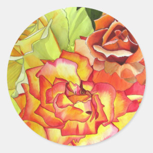 Aquarellkunst in Orangen- und Gelbrosen Runder Aufkleber