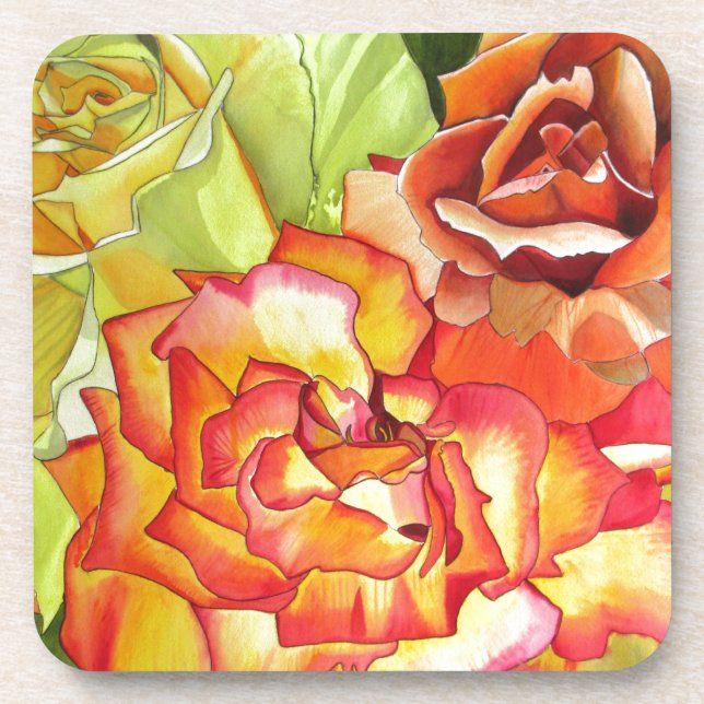 Aquarellkunst in Orangen- und Gelbrosen Untersetzer (Vorderseite)