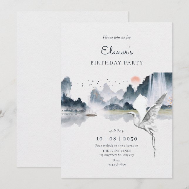 Aquarellkunst Naturlandschaft Geburtstag Einladung (Vorne/Hinten)