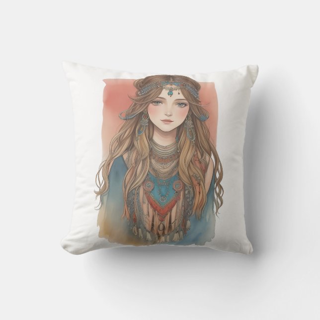 Aquarellkunst niedlicher junger Mädchen Kissen (Vorderseite)