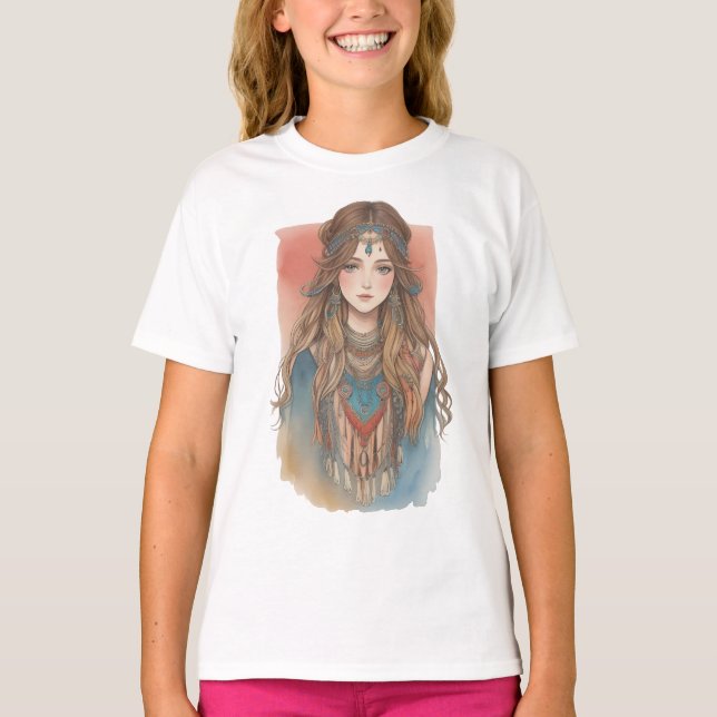 Aquarellkunst niedlicher junger Mädchen T-Shirt (Vorderseite)