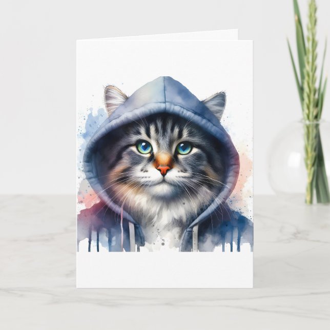 Aquarellkunst Tabby Katze im Hoodie-Spritzer Karte (Vorderseite)