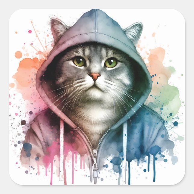 Aquarellkunst Tabby Katze im Hoodie-Spritzer Quadratischer Aufkleber (Vorderseite)