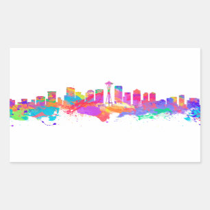 Aquarellkunstdruck der Skyline von Seattle USA Rechteckiger Aufkleber