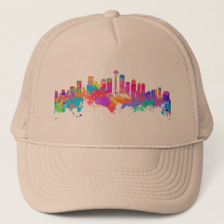 Aquarellkunstdruck der Skyline von Seattle USA Truckerkappe