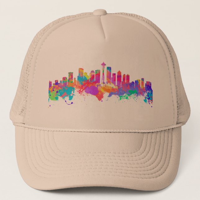Aquarellkunstdruck der Skyline von Seattle USA Truckerkappe (Vorderseite)