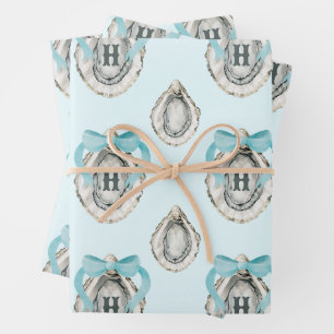 Aquarellküstenaustern Blue Bow Monogram Geschenkpapier Set