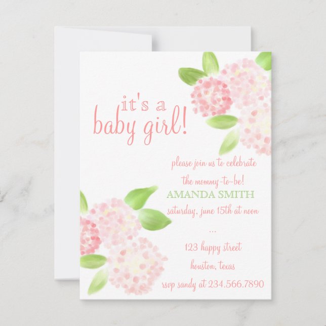 Aquarellladen rosa Hydrangea-Babyparty ein Einladung (Vorderseite)