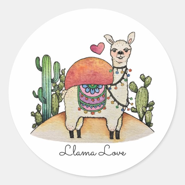 Aquarelllama mit Kaktus Runder Aufkleber (Vorderseite)