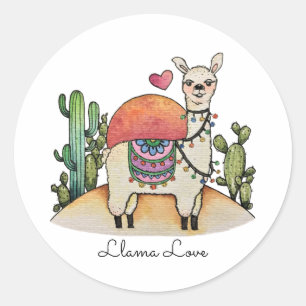 Aquarelllama mit Kaktus Runder Aufkleber