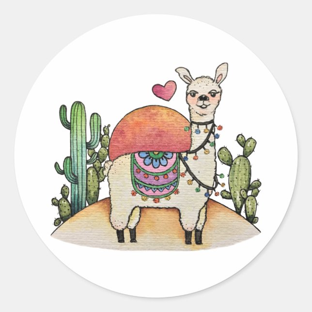 Aquarelllama mit Kaktus Runder Aufkleber (Vorderseite)