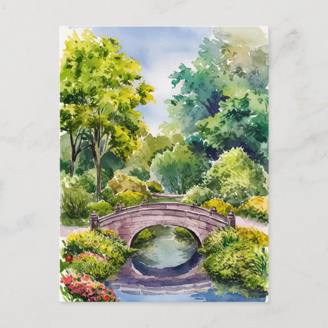 Aquarelllandschaft Grüne Gartenbrücke See Postkarte (Vorderseite)