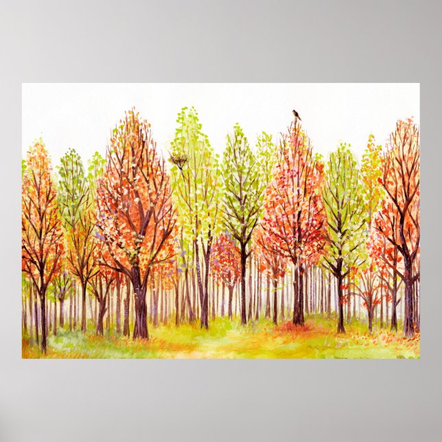Aquarelllandschaft mit Herbstbäumen Poster (Vorne)