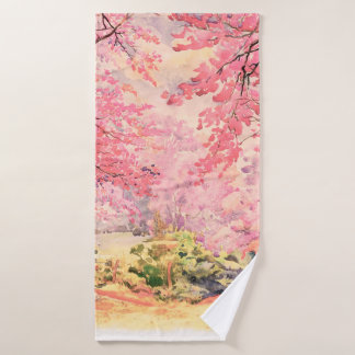 Aquarelllandschaft rosa rote Blume von W Badehandtuch