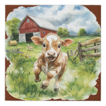 Aquarelllandschaft, Roter Stall, glücklicher Kalb 