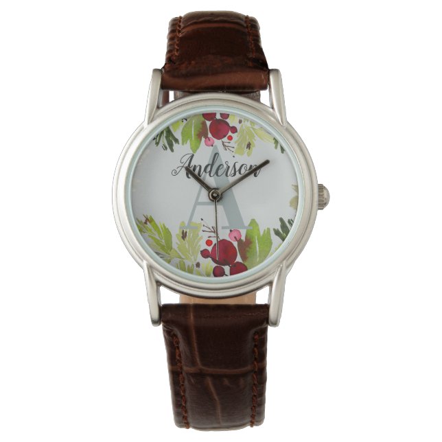 Aquarelllaub-Blumenanfangsmonogramm Armbanduhr (Vorderseite)