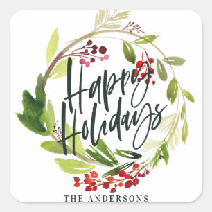 Aquarelllaub der frohsten Weihnachten mit Blumen Quadratischer Aufkleber