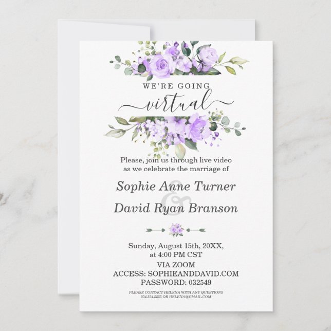 Aquarelllavender-Blume Virtual Wedding Einladung (Vorderseite)