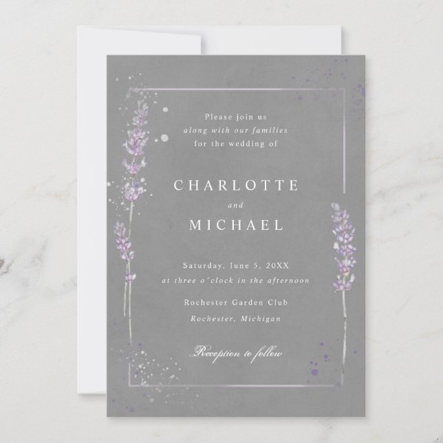 Aquarelllavender elegante graue Hochzeit Einladung (Vorderseite)