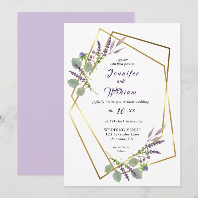 Aquarelllavender, Eukalyptus-Hochzeitseinladung Ankündigung (Vorne/Hinten)