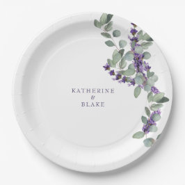 Aquarelllavender & Eukalyptus-Namen Hochzeit Pappteller
